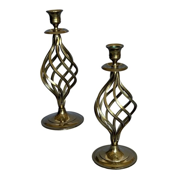 Vintage Brass Heavy 11" Pair Spiral Twist Cyclone Style Victorian Candle Holder - Picture 7 of 12